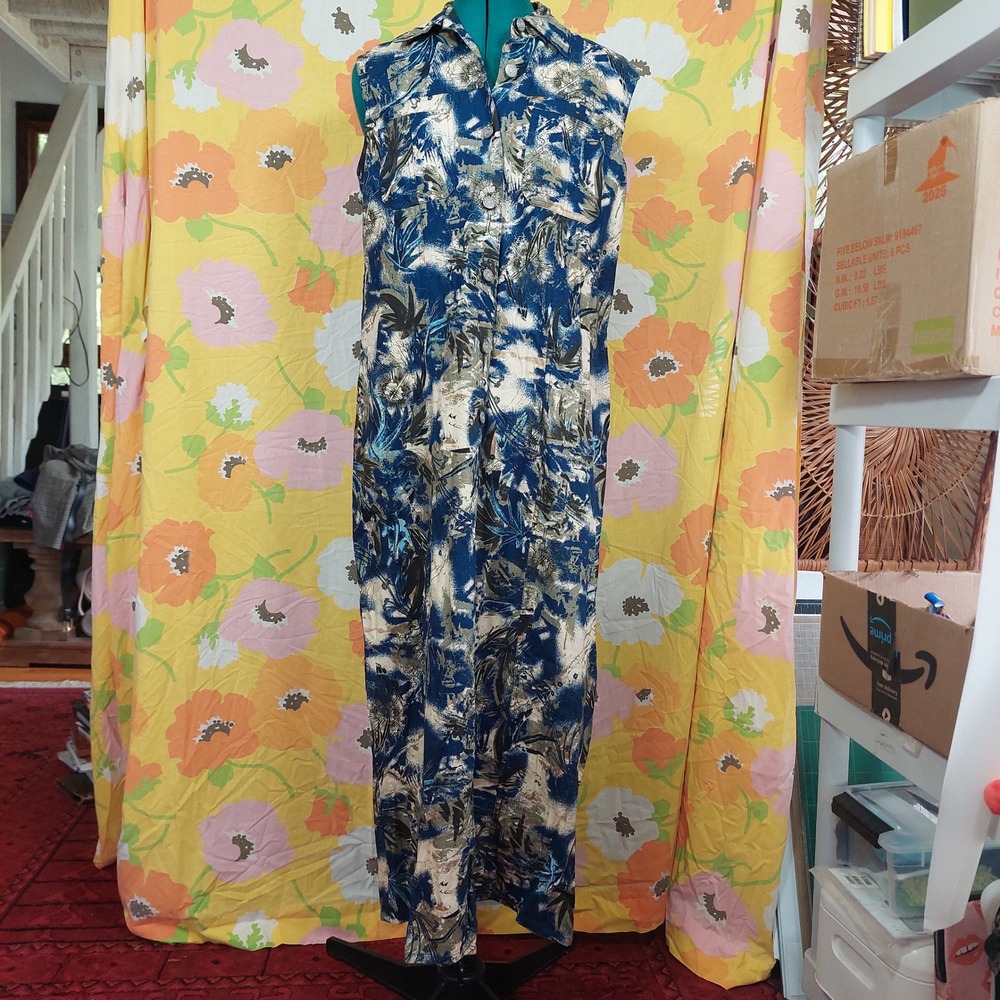 Vintage 90s Bill Blass Jeans Linen Cotton Floral Maxi Dress Blue Tan Sleeveless